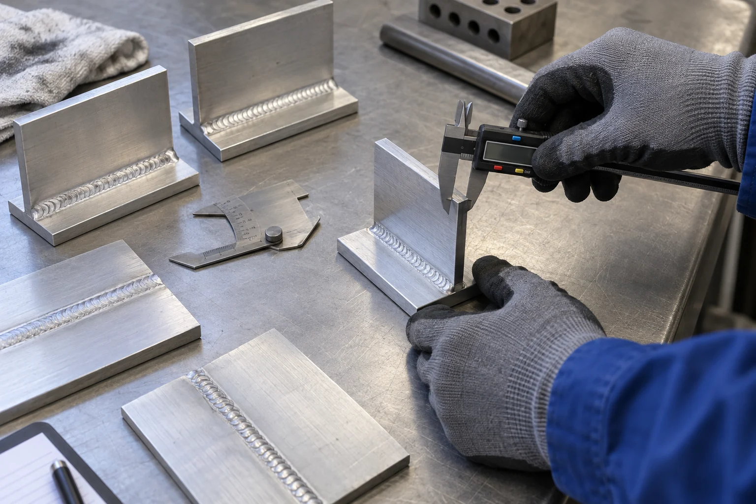 Inspector measuring aluminum TIG test coupons with a caliper on a workshop bench