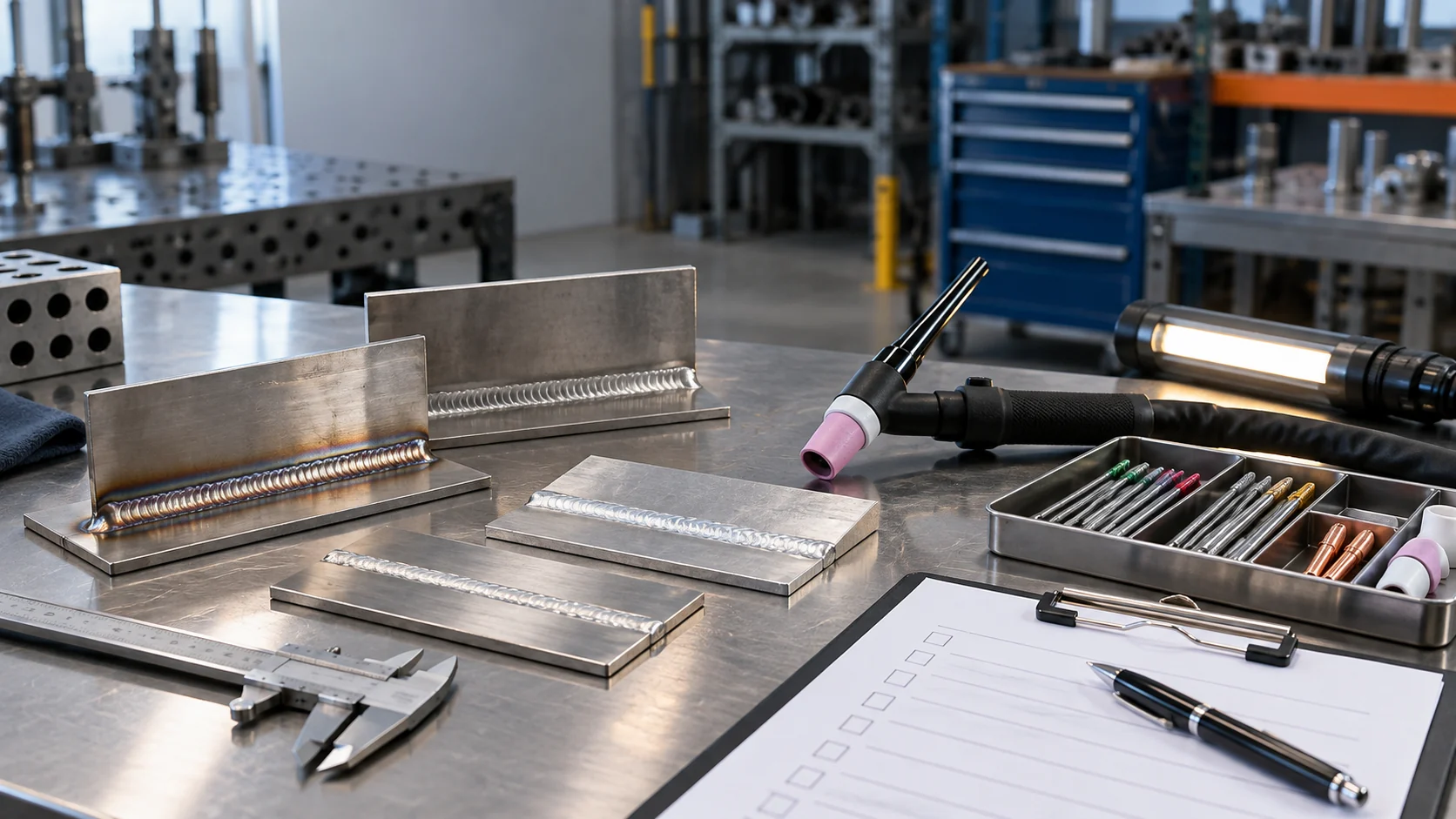 TIG weld coupons, torch consumables and inspection checklist on a factory quality-control bench