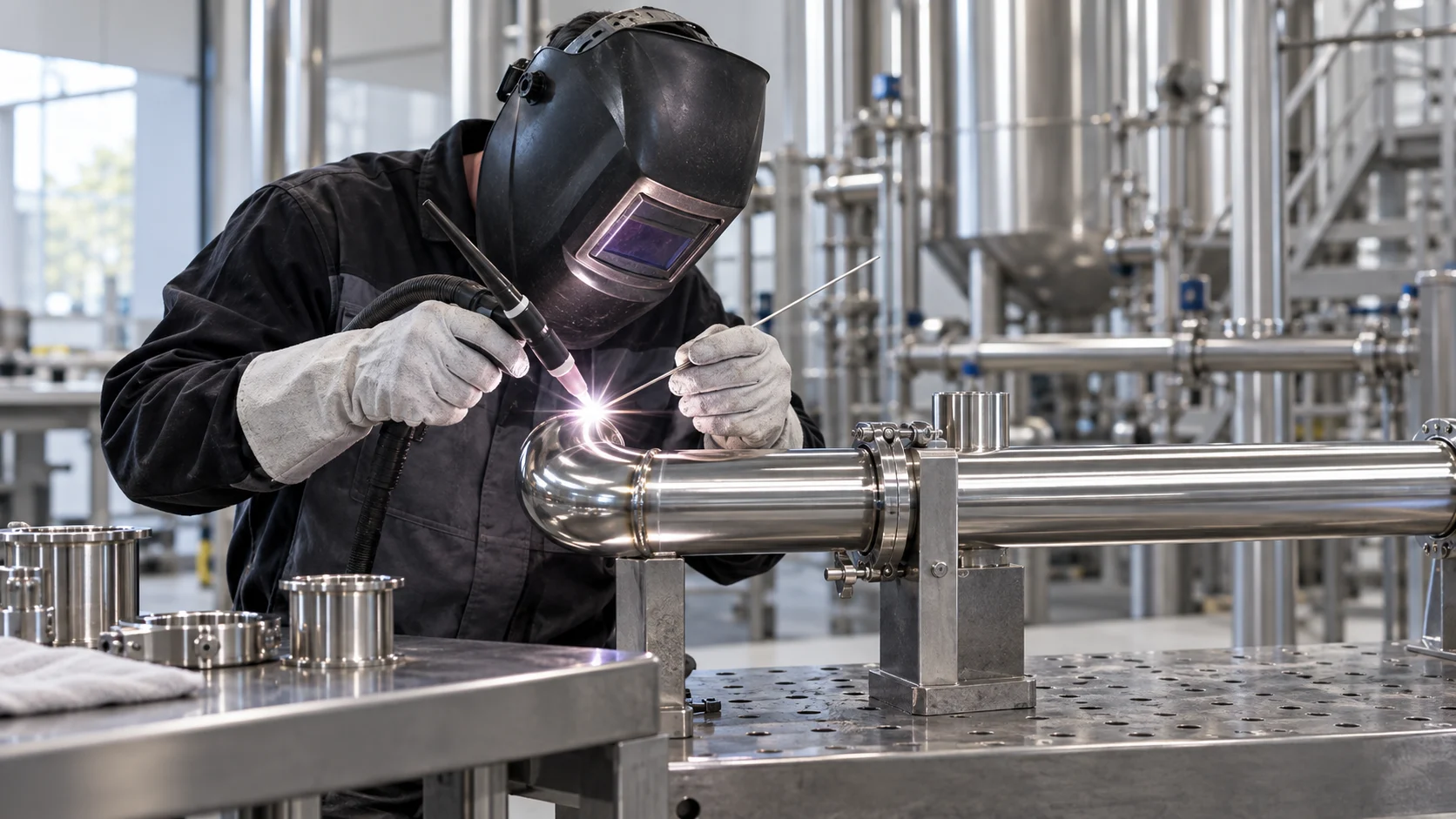 Welder making a TIG weld on stainless steel process pipe in an industrial workshop