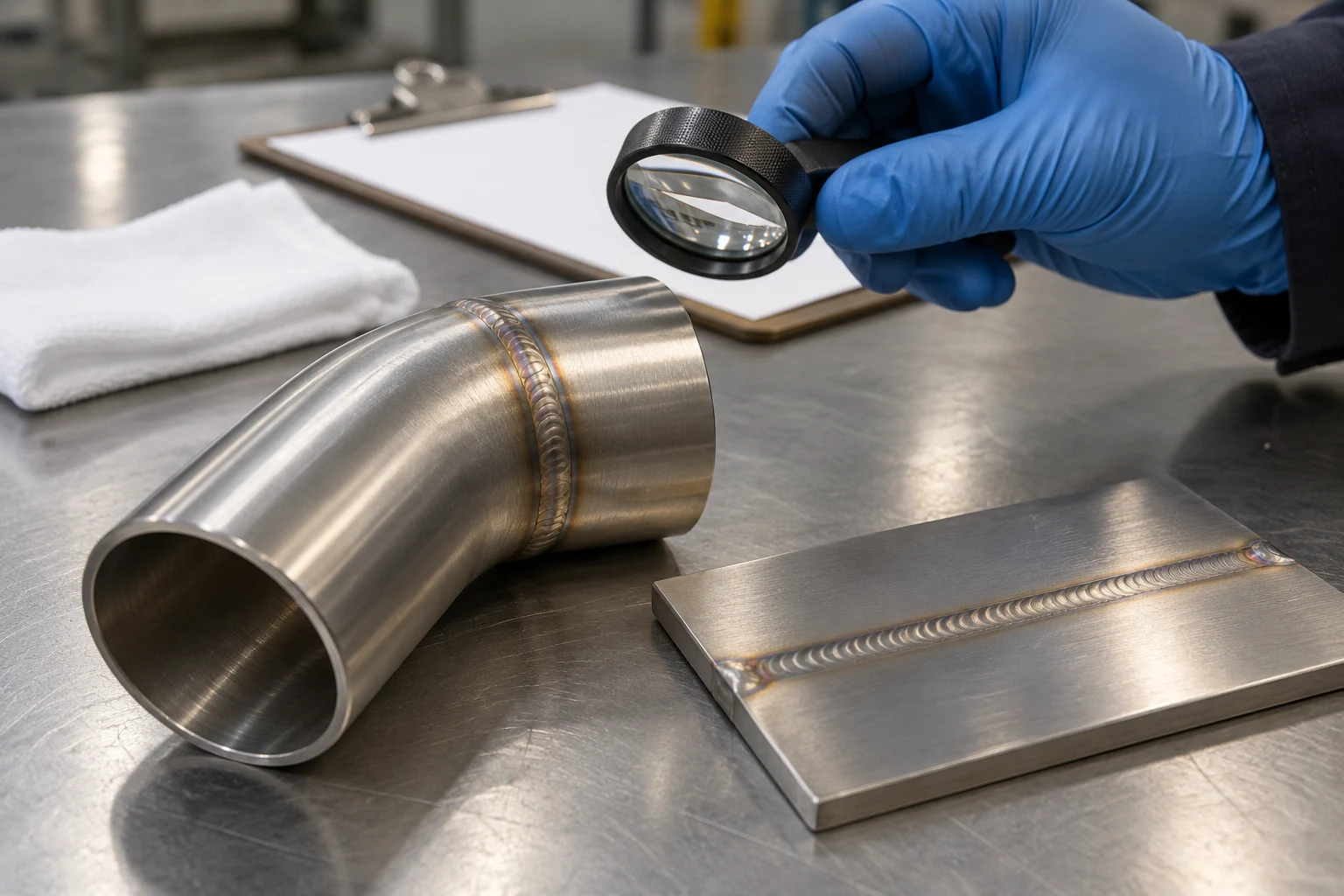 Gloved hand inspecting stainless steel weld samples during a weld cleaning acceptance review