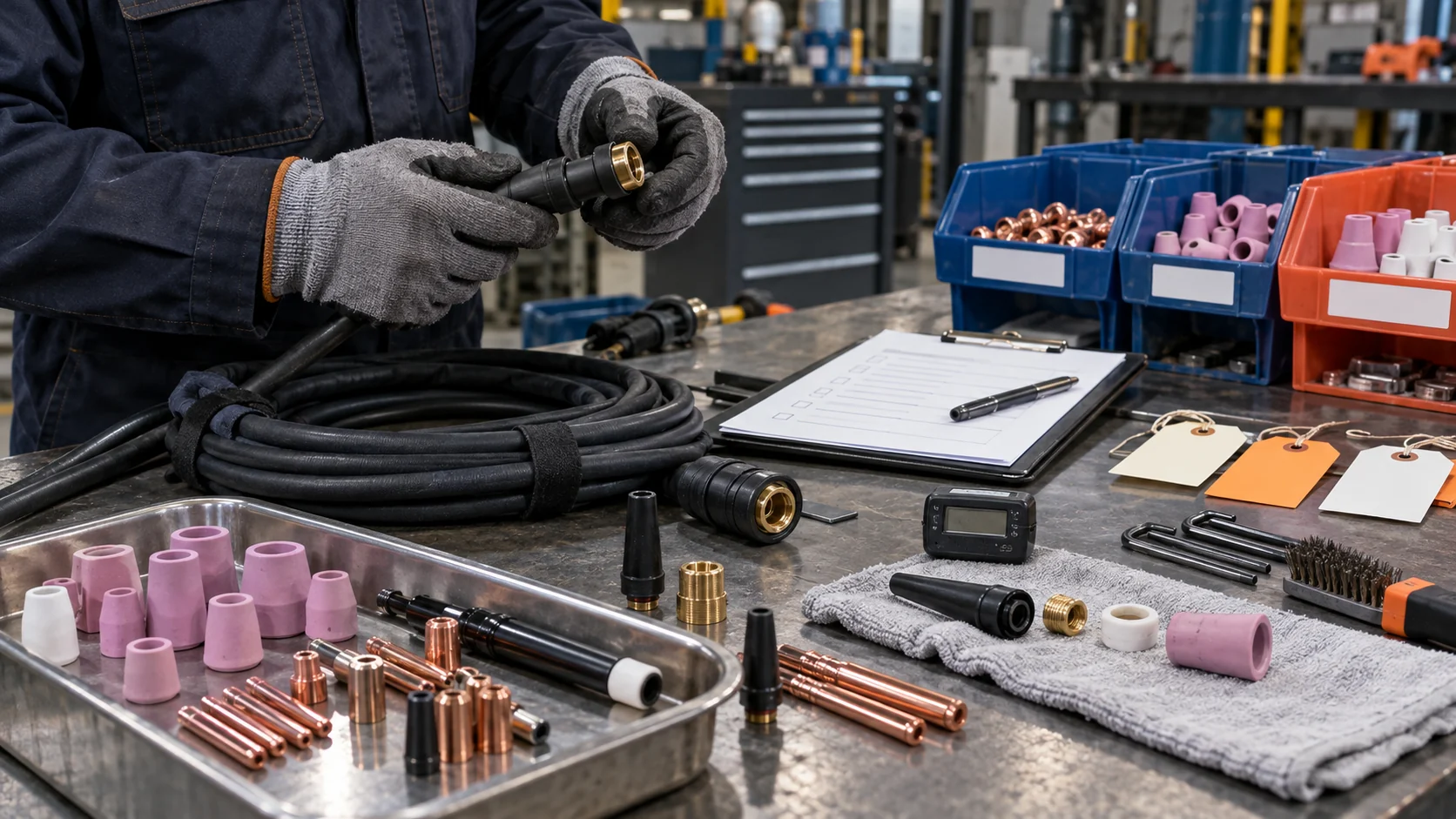 Technician inspecting TIG torch connectors and spare consumables on an organized maintenance bench