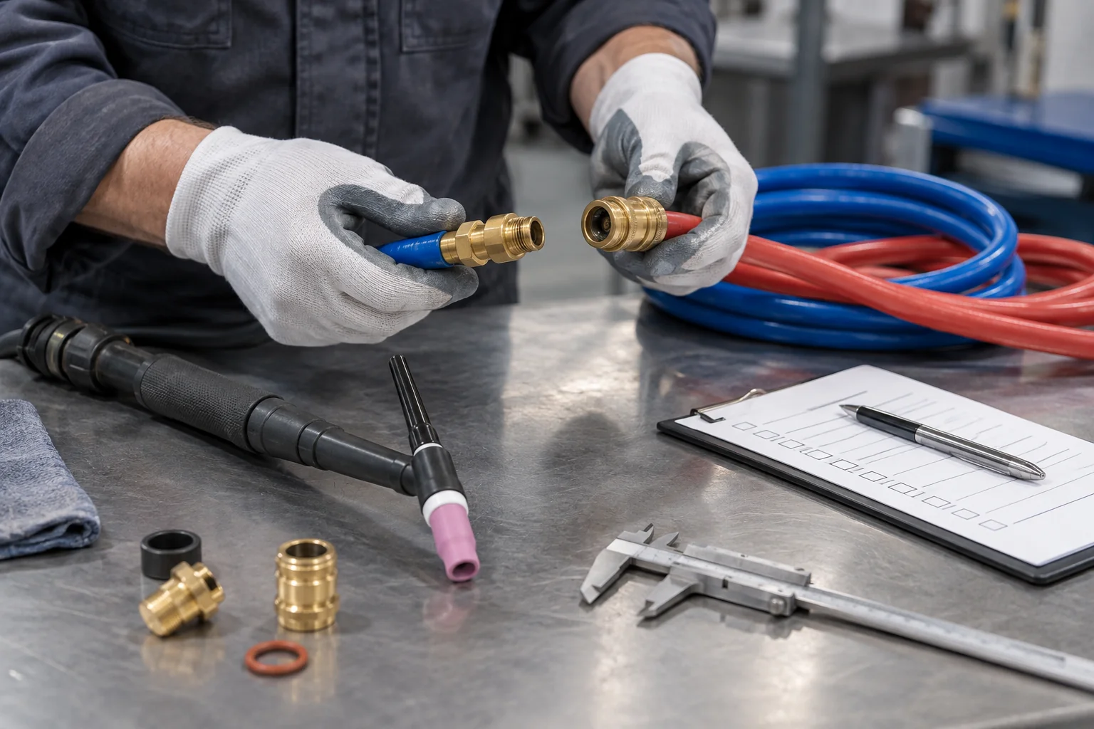 Technician inspecting TIG coolant hose fittings beside a torch and inspection checklist