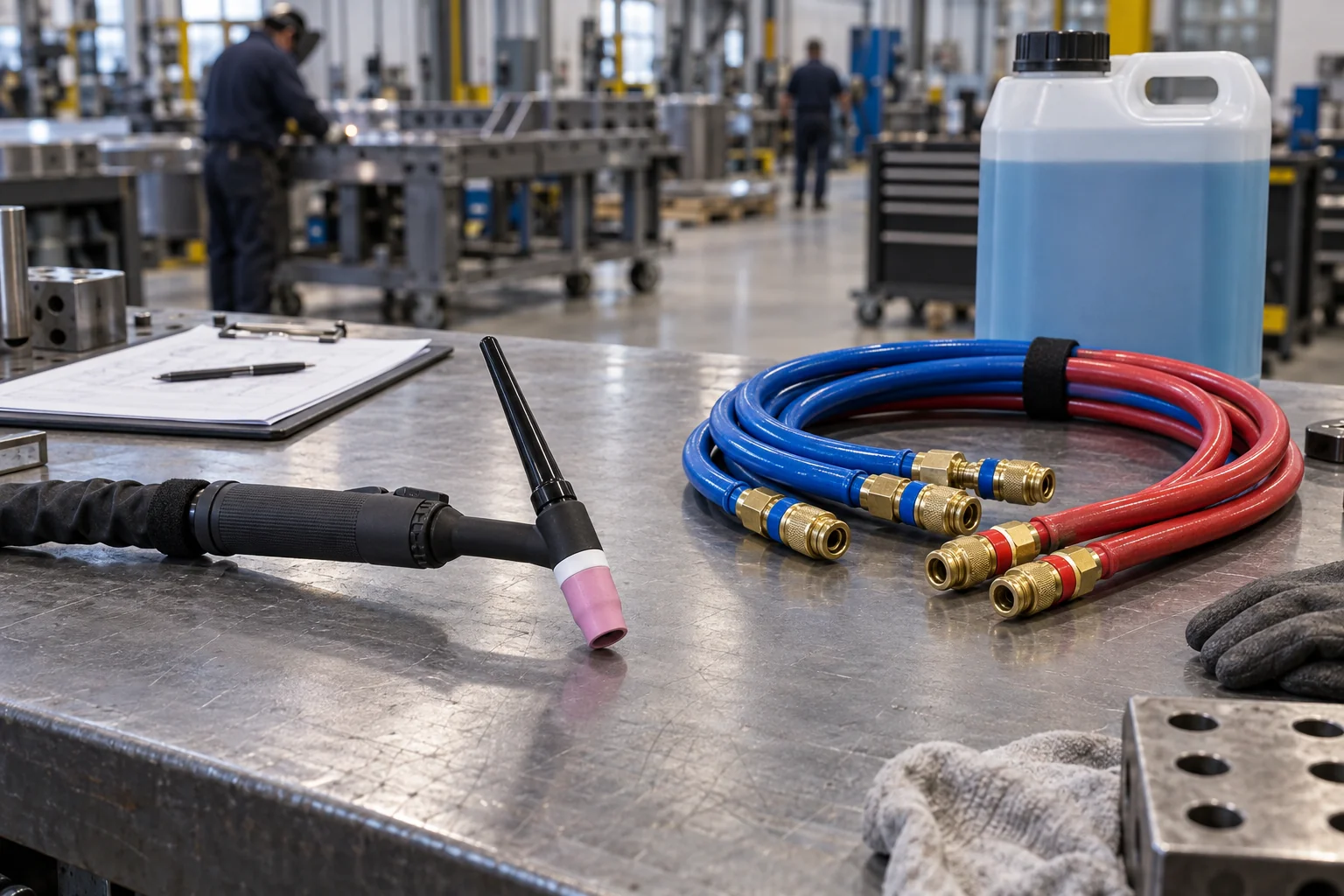 Generic TIG torch and coolant hoses arranged for an industrial welding package review
