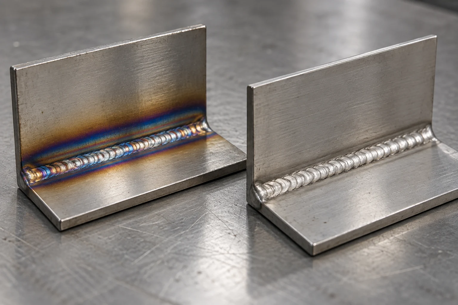 Stainless steel weld coupons with heat tint and a clean satin finish for weld cleaning machine evaluation