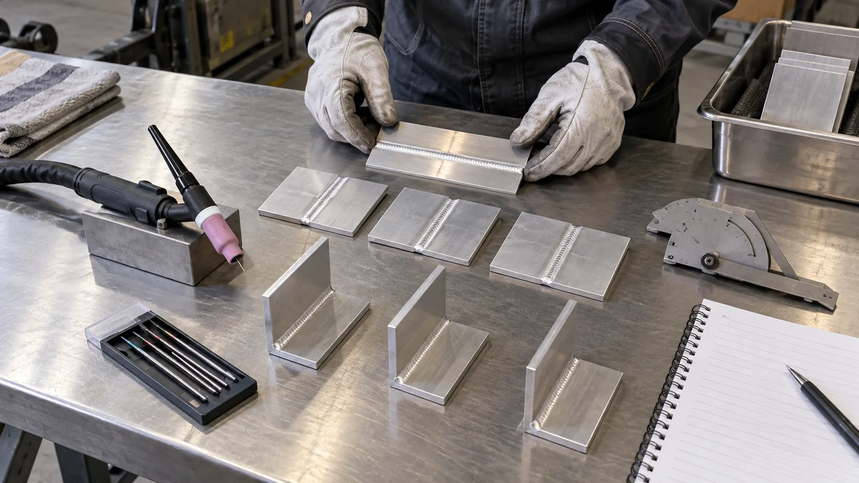Illustrative gloved technician organizing aluminum TIG trial coupons, tungsten and inspection tools