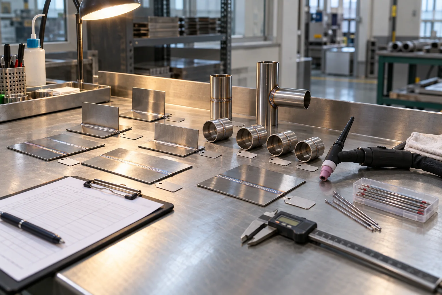 Stainless steel TIG sample coupons and inspection tools on a quality-control bench
