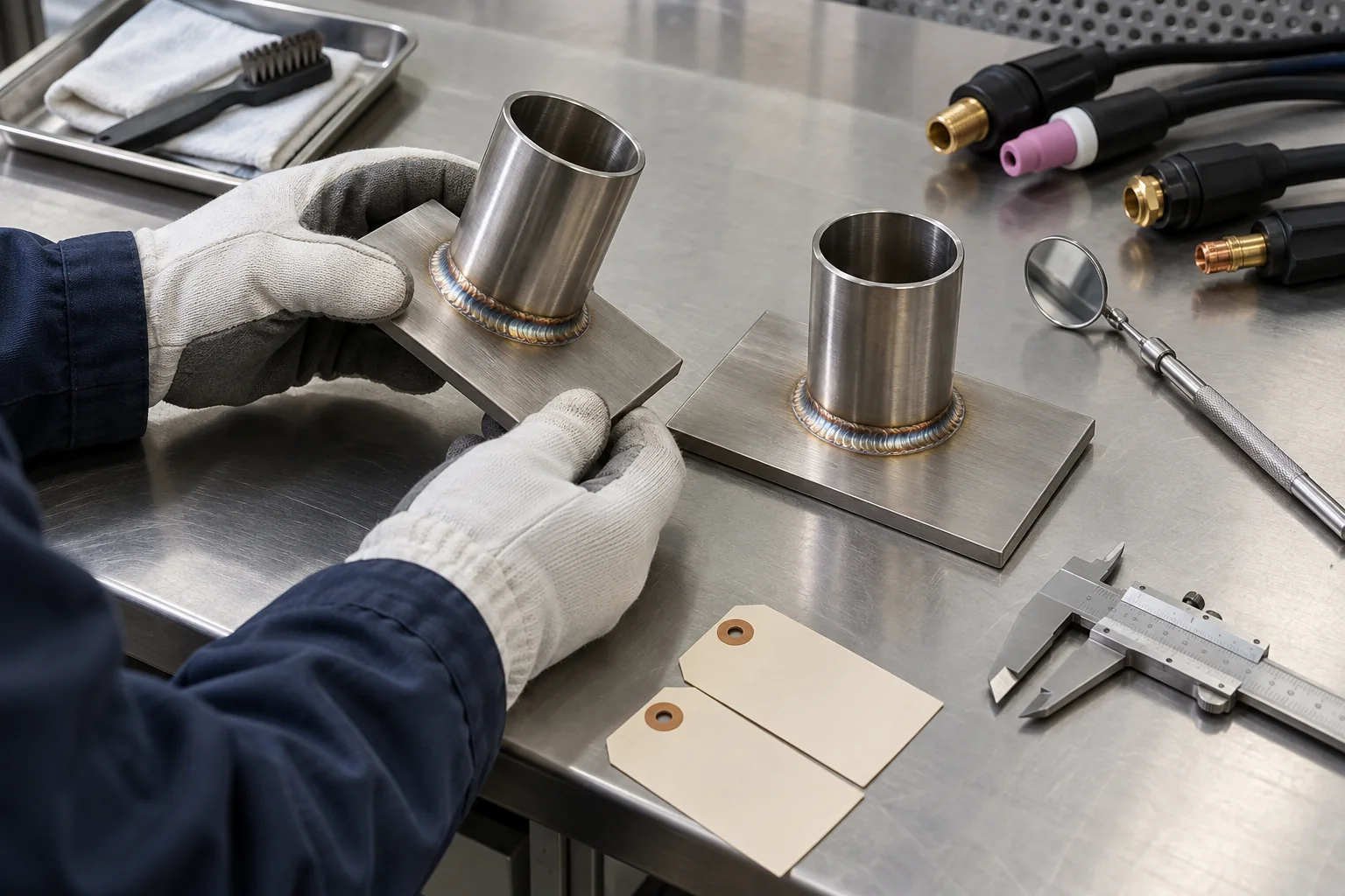 Gloved technician comparing stainless steel TIG weld coupons with inspection tools