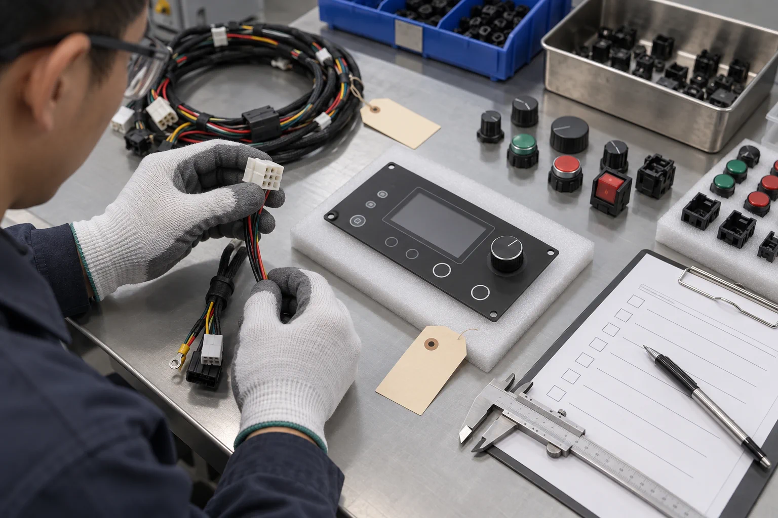 Gloved engineer reviewing an unpowered wire harness and generic control-panel prototype