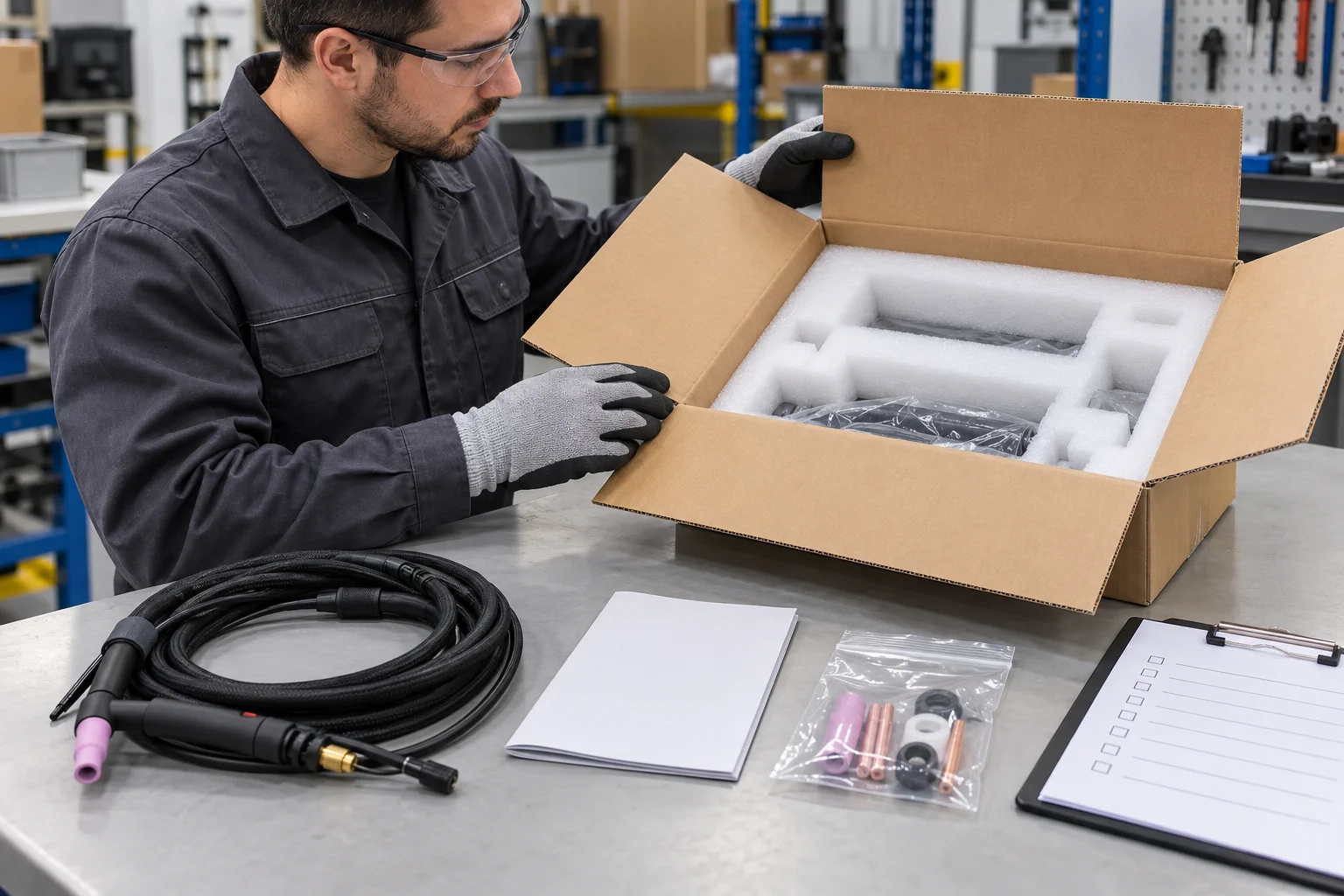 Technician checking an unbranded carton, protective foam, TIG torch lead and documentation