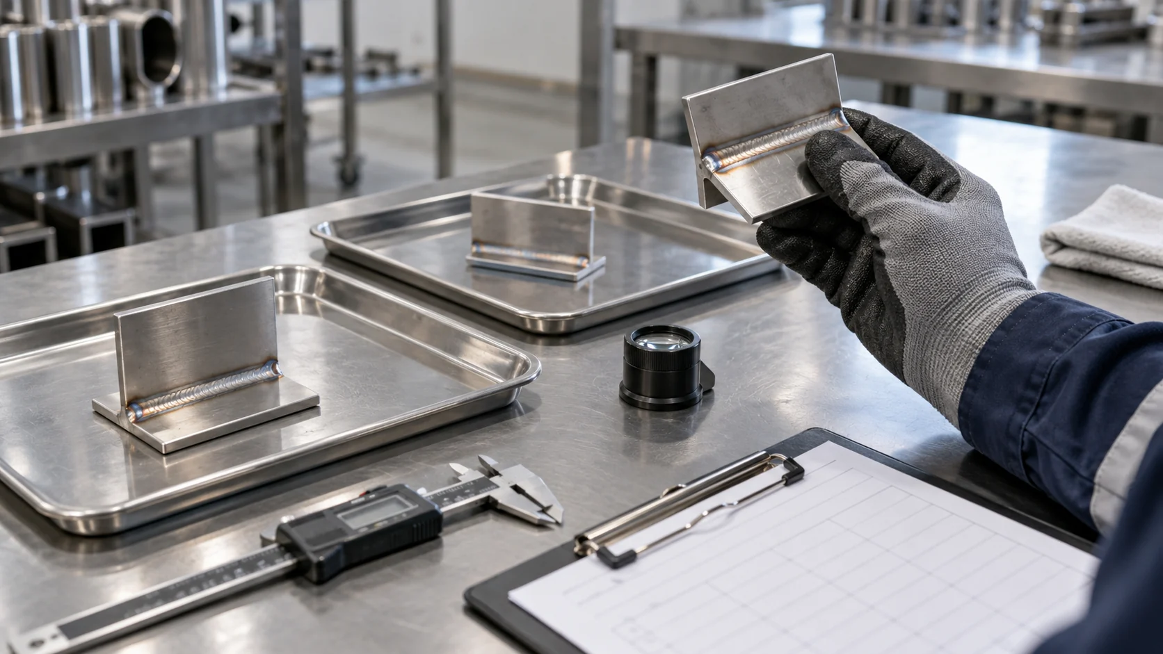 Illustrative dry inspection of stainless steel welded coupons on a quality-control bench