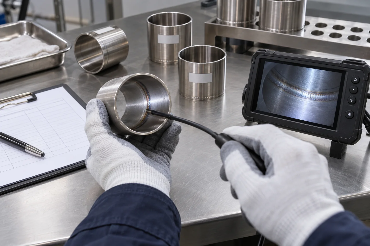 Illustrative internal stainless pipe root inspection with a borescope and trial records