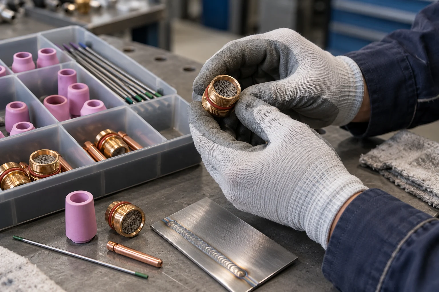 Gloved technician inspecting a generic mesh gas lens beside ceramic cups and a stainless weld coupon