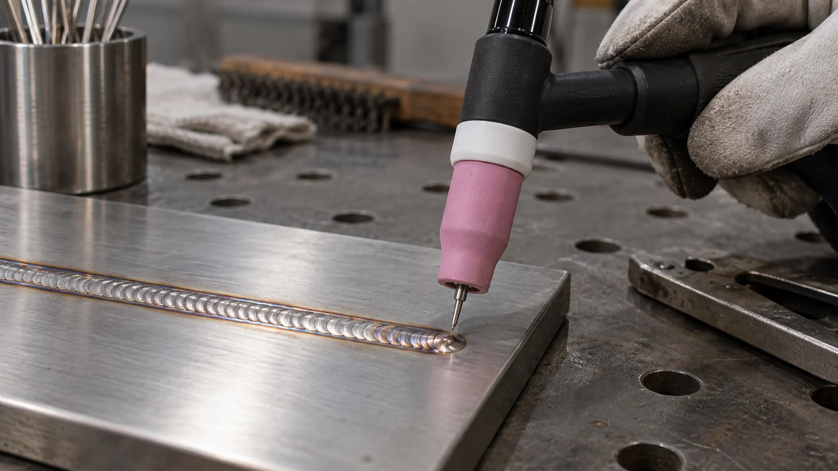 Illustrative TIG torch held above the end of a completed stainless steel weld