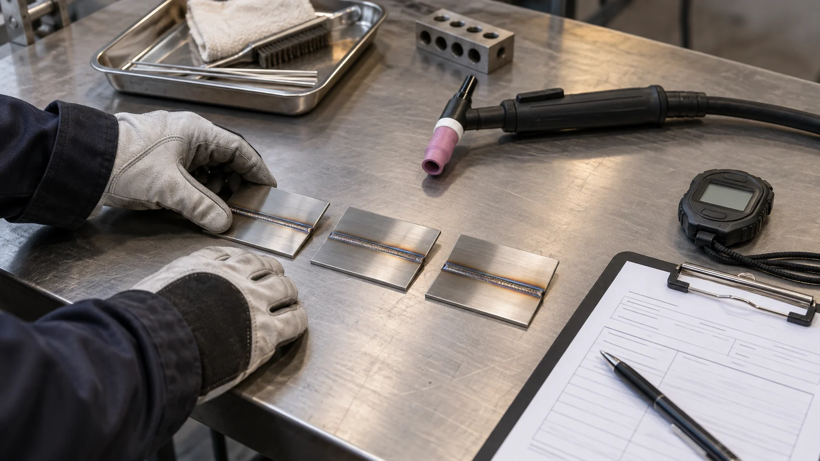 Illustrative TIG trial coupons, resting torch, blank timer and setup record on a workbench