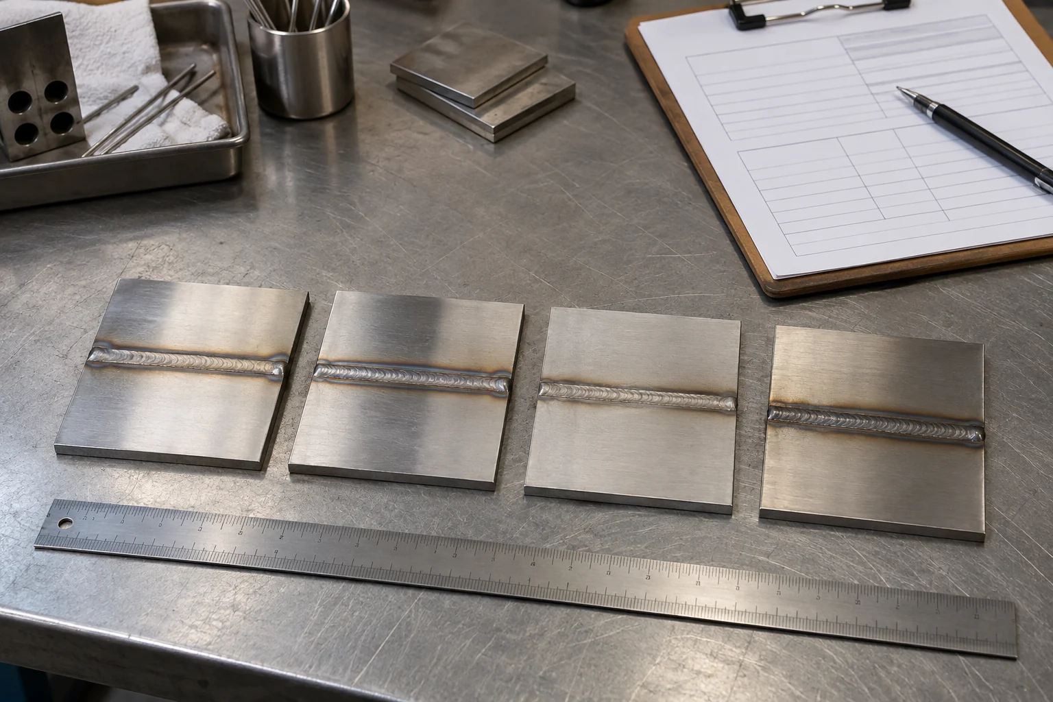 Stainless TIG sample coupons beside a ruler and blank inspection record on a QC workbench