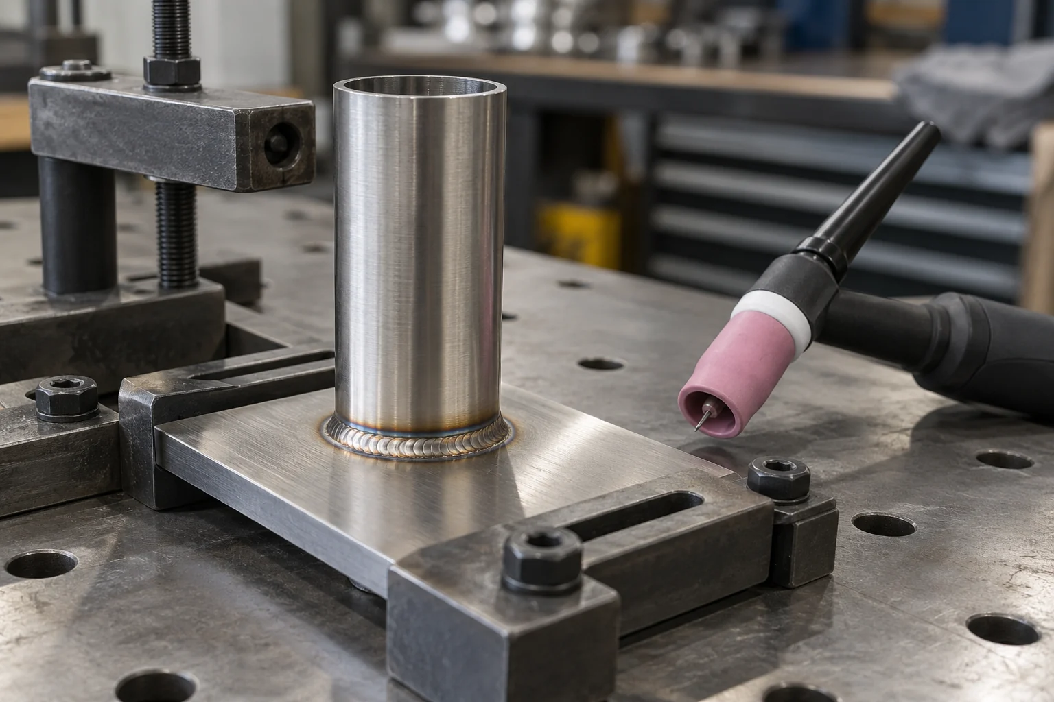 Stainless steel tube-to-plate TIG trial coupon secured in a workshop fixture