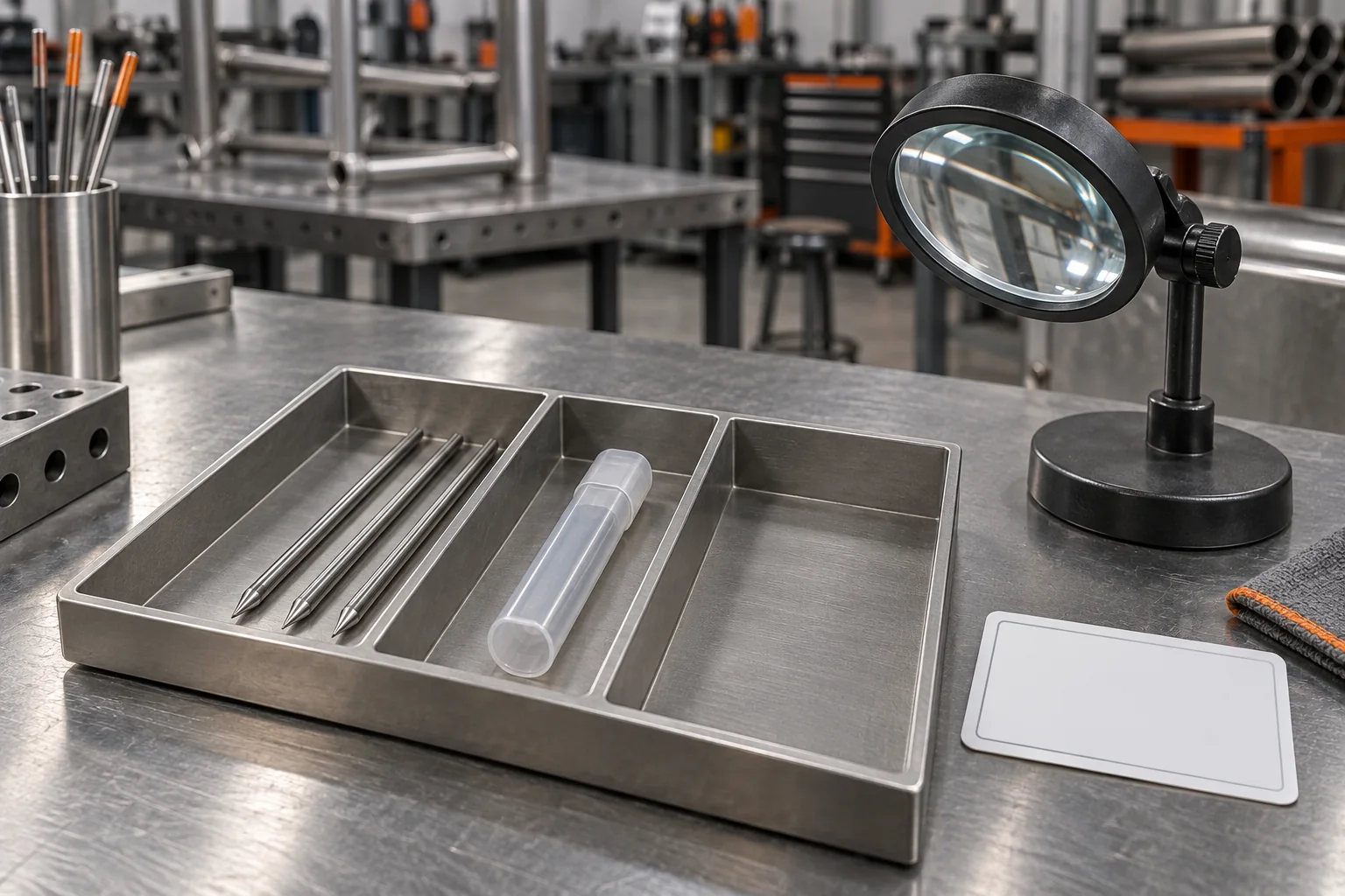 Generic TIG electrode storage and inspection bench with separated compartments