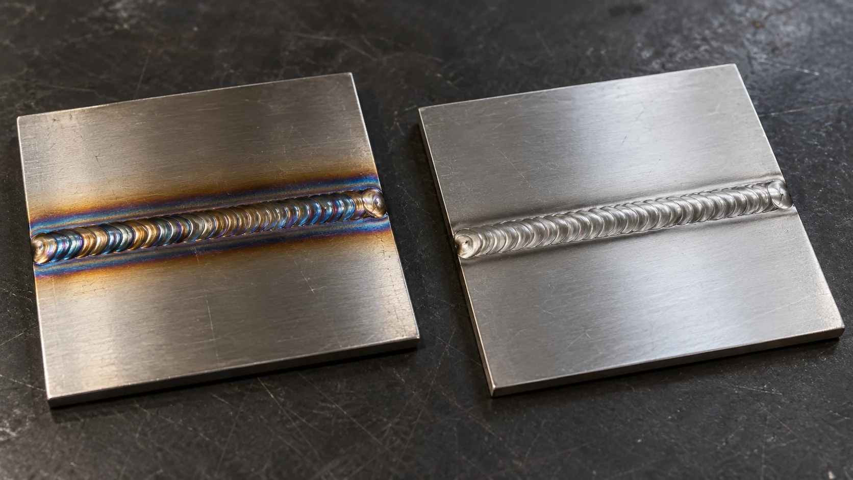 Illustrative stainless steel weld coupons with heat tint and a clean silver surface